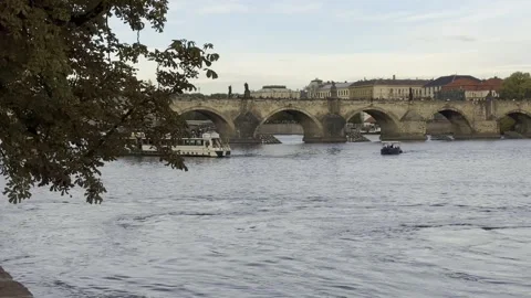 Evening View of the Vltava River and Charles Bridge Stock Footage 289370105