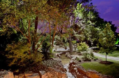 Evening view of well lit garden Foto stock
