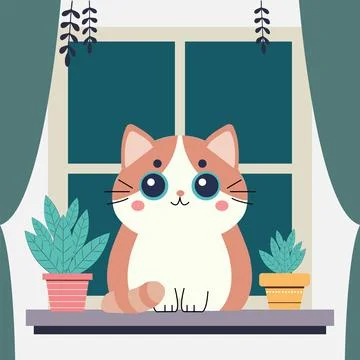 Evening window with a cat sitting on the windowsill. Cute cozy vector Stock Illustration
