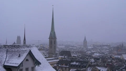Evening winter rooftop zurich view point cityscape panorama 4k switzerland Stock Footage 77768640