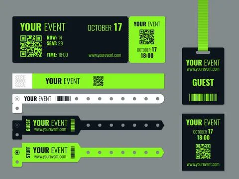 Event access control. Realistic wrist tags mockup, corporate entry tickets Stock Illustration