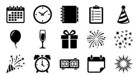Event and celebration black solid icon set for party planning Stock Illustration