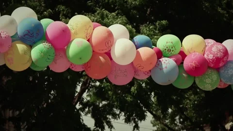 Event animation area decorated with Red green white balloons Stock Footage 196887557