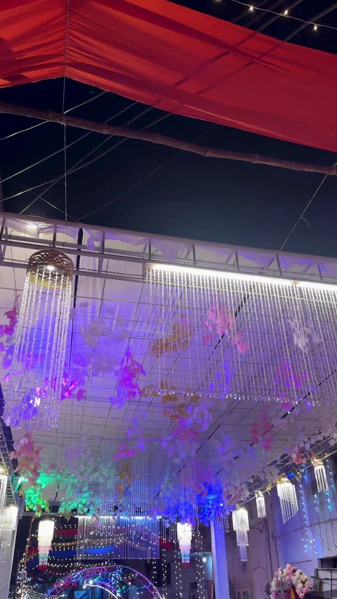 Event Ceiling with Chandeliers and LED Lights Stock Footage 334570006