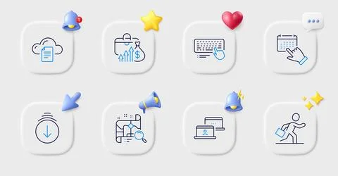 Event click, Search map and Scroll down line icons. For web app, printing Illustrazione stock