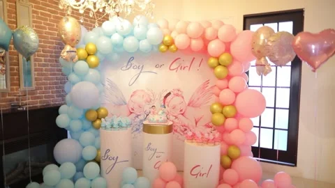 Event decor stand prepared for the child's gender reveal day Video stock 204000352