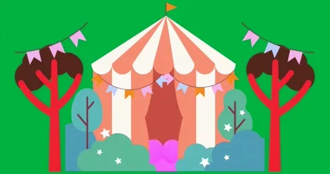 Event design striped tent rising amid trees, pastel bunting fluttering, Stock Footage 317480602