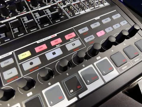 Event DJ panel with track selection settings, volume controls and fine tuning Stock Photos