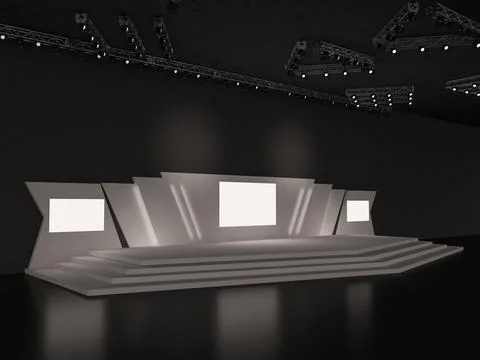 Event empty stage design with stairs perspective view. center led screen Illustrazione stock