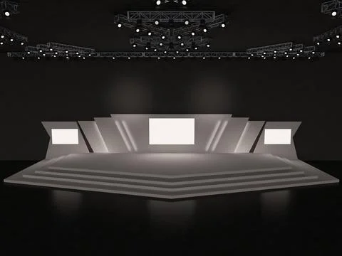 Event empty stage design with stairs front view. center led screen  projection Stock Illustration