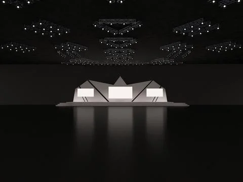 Event empty stage front view including stairs. with a half-star form backdrop Illustrazione stock