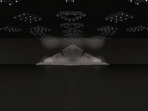 Event Empty stage front view including stairs. with a pyramid backdrop design Illustrazione stock