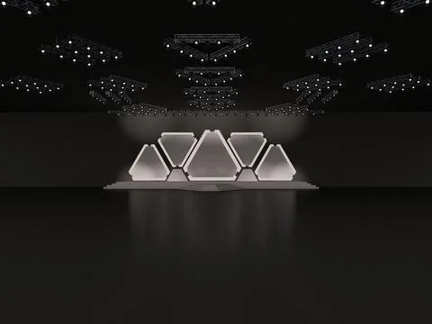 Event empty stage front view including stairs. with five pyramid backdrop Stock Illustration