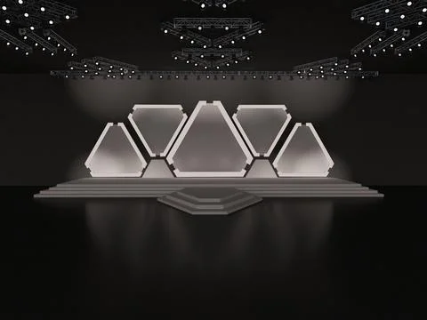 Event empty stage front view including stairs. with five pyramid backdrop Illustrazione stock