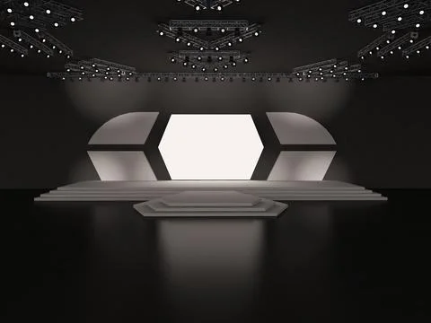 Event empty stage in front view with a led screen for projection, stage stair Illustrazione stock