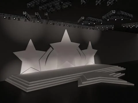 Event Empty stage perspective view including stairs. with three stars Stock Illustration