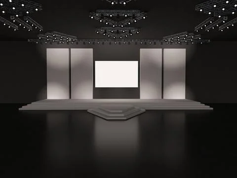Event empty stage with stairs in front view, a rectangular led screen Stock Illustration