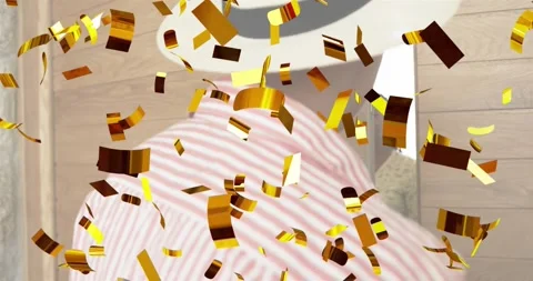 Event entry adult man pulling door open, releasing golden confetti revealing Stock Footage 318738825