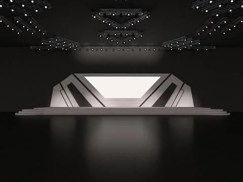 Event futuristic high-tech empty stage design with stairs. front view. led Illustrazione stock