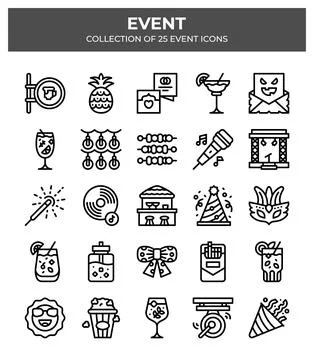 Event Icons Collection. 25 Linear Style Party Pictograms Stockillustratie