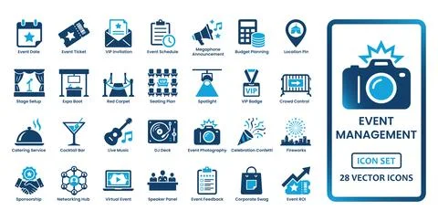 Event management and planning solid icon set. Featuring calendar, ticket, i.. Illustration