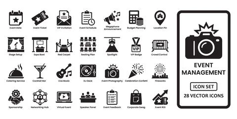 Event Management solid icon set containing icons for Event Date, Ticket, VI.. Ilustración de archivo