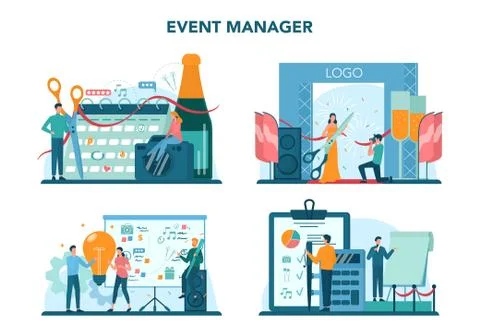 Event manager or service concept set. Celebration or meeting Stock Illustration