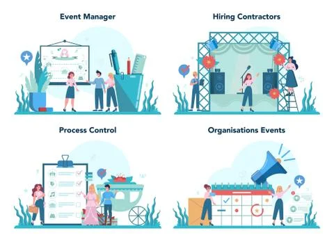 Event manager or service concept set. Celebration or meeting Stock Illustration