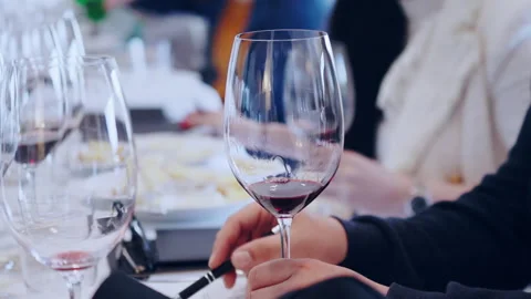 Event meeting for tasting different types of exclusive aged red wine, crystal Stock Footage 317382187