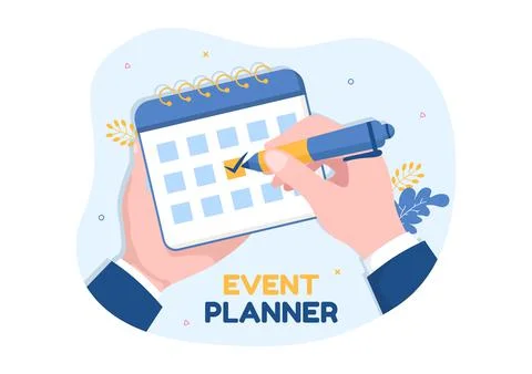 Event Planner Template Hand Drawn Cartoon Flat Illustration with Planning Sch Illustrazione stock