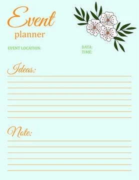 Event Planner Template. Notepad page design with floral motif. Vector illus.. Stock Illustration