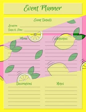 Event Planner Template. Notepad page design with bright lemon pattern. Vecto Illustrazione stock