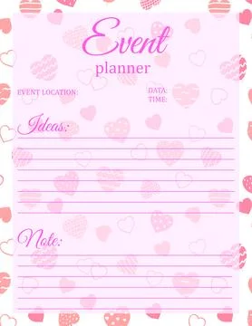 Event Planner Template. Notepad page design with hearts pattern for Valentin Stock Illustration