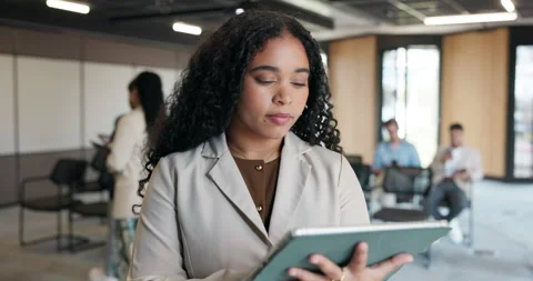 Event planner, woman and scroll in office with tablet for workshop coordination, Stock Footage 323256798