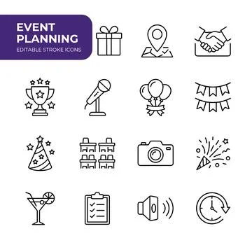 Event planning editable stroke icons set including gift box, map pin, hands.. Stock Illustration