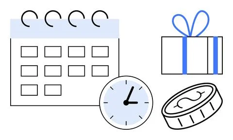 Event Planning Essentials Calendar, Clock, Gift Box, and Coin Elements 스톡 일러스트