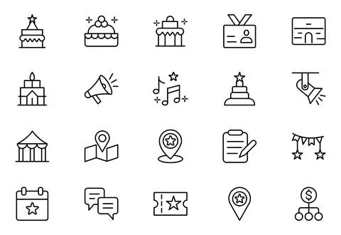 Event planning line icon set. Party related line icons: birthday, wedding, .. Stock Illustration