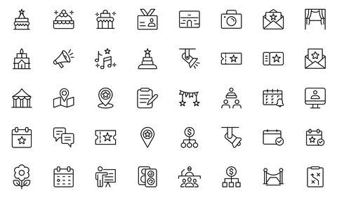 Event planning line icon set. Party related line icons: birthday, wedding, .. Stock Illustration