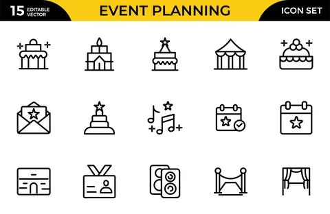 Event planning line icon set. Party related line icons: birthday, wedding, .. Stock Illustration