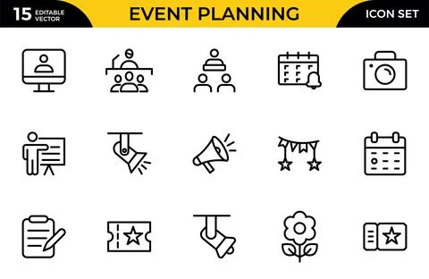 Event planning line icon set. Party related line icons: birthday, wedding, .. Illustrazione stock