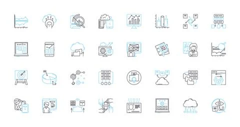 Event planning linear icons set. Logistics, Coordination, Design, Execution Illustrazione stock