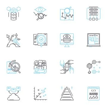 Event planning linear icons set. Logistics, Coordination, Design, Execution Stock Illustration