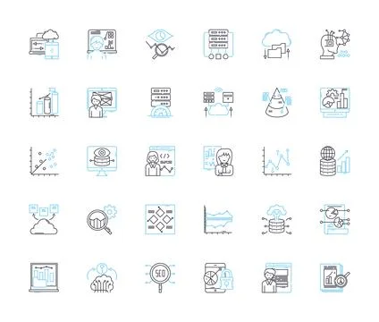 Event planning linear icons set. Logistics, Coordination, Design, Execution Illustrazione stock