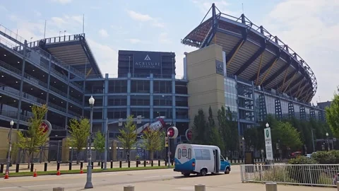 Event setup at Acrisure Stadium for Pittsburgh Steelers game day activities.. Video stock 314574820