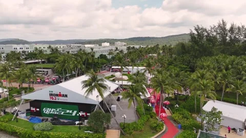 Event setup at tropical location with palm trees and red carpet in preparation Video stock 299159990