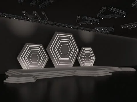 Event stage with a hexagon backdrop and-led effect and staging stairs Stock Illustration