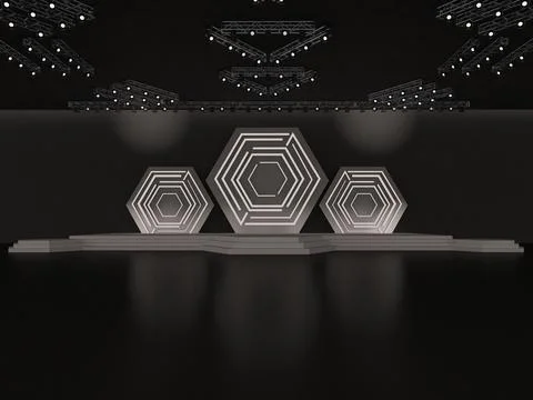 Event stage with a hexagon backdrop and-led effect and staging stairs Illustrazione stock