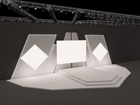 Event stage with a large center rectangular projection screen and two side Stock Illustration