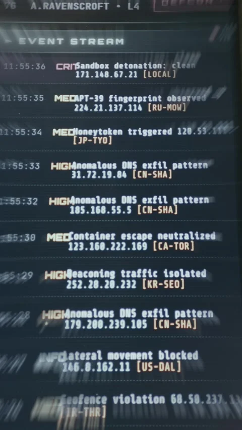 Event stream listing various security alerts including data exfiltration and Stock Footage 335459825
