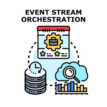 Event stream orchestration managing data processing workflow 스톡 일러스트